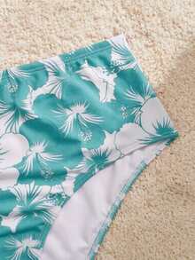Swim Mod Plus Size Women 3 Pieces Set Floral Accent Spaghetti Strap Skirt & Swimwear Set - Green - View 3