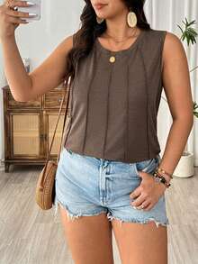 EMERY ROSE Plus Size Comfortable & Fashionable Crew Neck Camisole, Versatile For Commute, Dating, Vacation, Elegant & Slimming - Brown - View 7