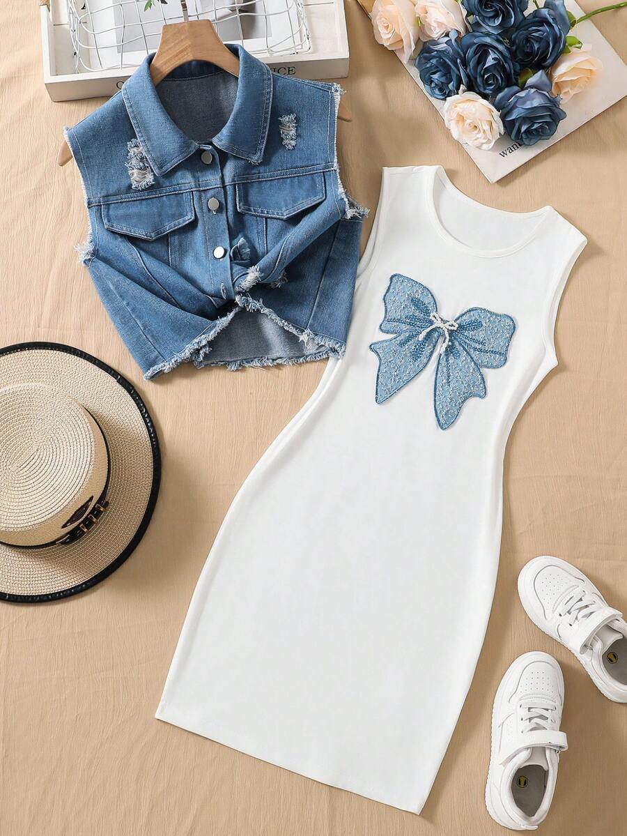 SHEIN Conjunto de 2 peças para meninas pré-adolescentes: vestido regata preto de tricô com colete jeans, ideal para o dia a dia. - Multicolorido - Ver 1