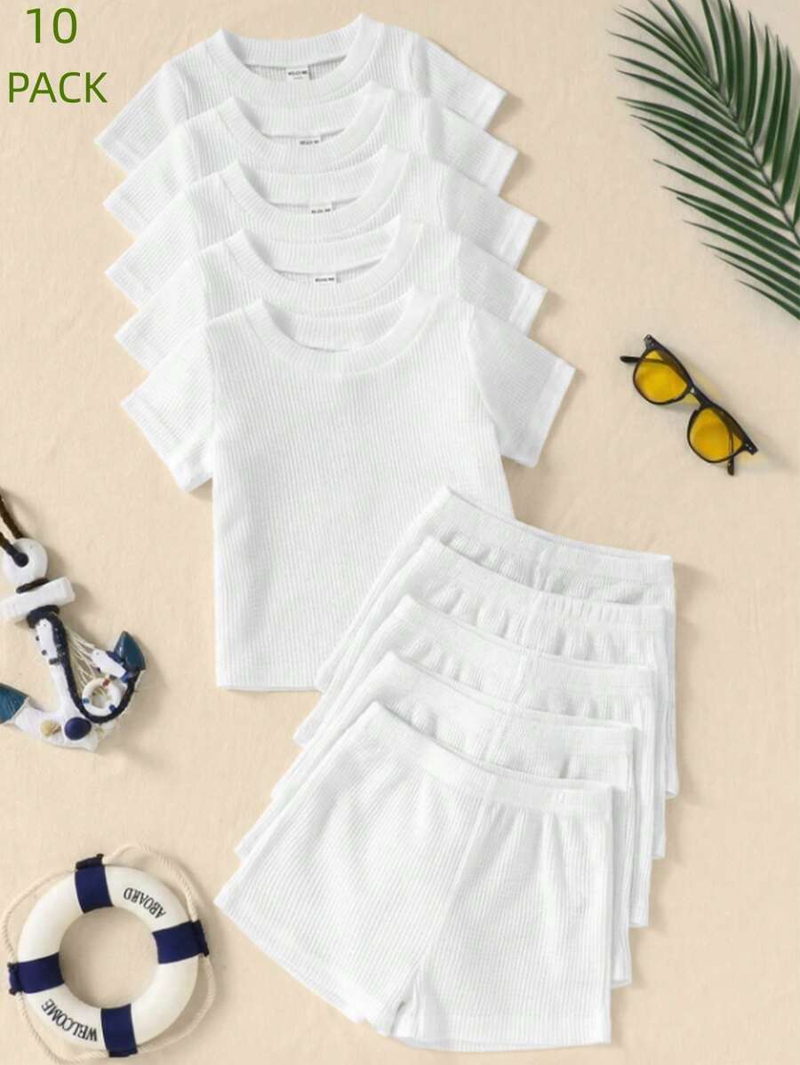 SHEIN Playful Pals 5件套男婴套装，包括5件针织短袖圆领上衣和5条弹力腰针织短裤。上衣颜色有卡其色、灰蓝色、军绿色、棕色和黑色，短裤颜色与之相配。适合春夏季节、户外活动和休闲穿着，尺码为6个月至2-3岁。 - 白色 - 查看 1