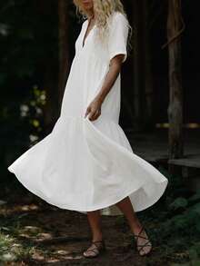Linavere Vestido de mujer de unicolor con volantes en el bajo y cuello con abertura - Blanco - Ver 3