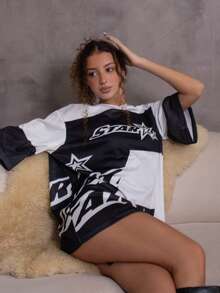 juhmazzocco Mesh Letter Print Contrast Color Casual Loose Sports T-Shirt - Black - View 5