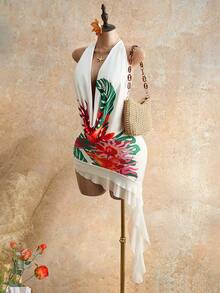 Mistrie Đầm maxi chiffon in họa tiết hoa nhiệt đới, cổ xếp ly, lưng hở, vạt bèo nhún bất đối xứng, phong cách Bohemian gợi cảm, thích hợp cho tiệc biển, mùa xuân/hè. - trắng - Xem 6