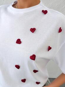 EURMUSE White Women's T-Shirt – Applique Red Hearts, Short Sleeve, 100% Cotton - White - View 4
