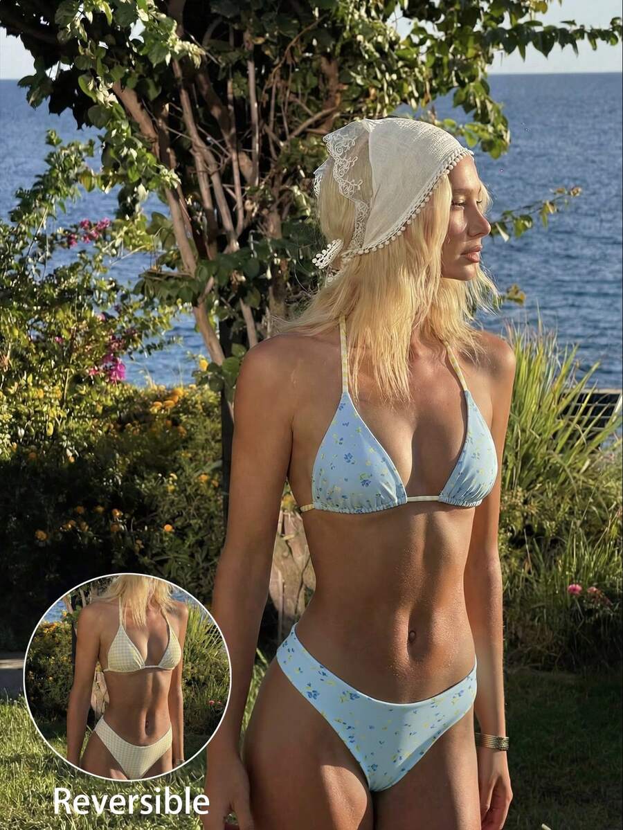 SHEIN Swim Mod 女士沙滩套装，浅蓝色碎花格子双面印花，可双面穿着，时尚休闲度假性感甜美可爱，女士挂脖比基尼三角包泳装套装 - 彩色 - 查看 1