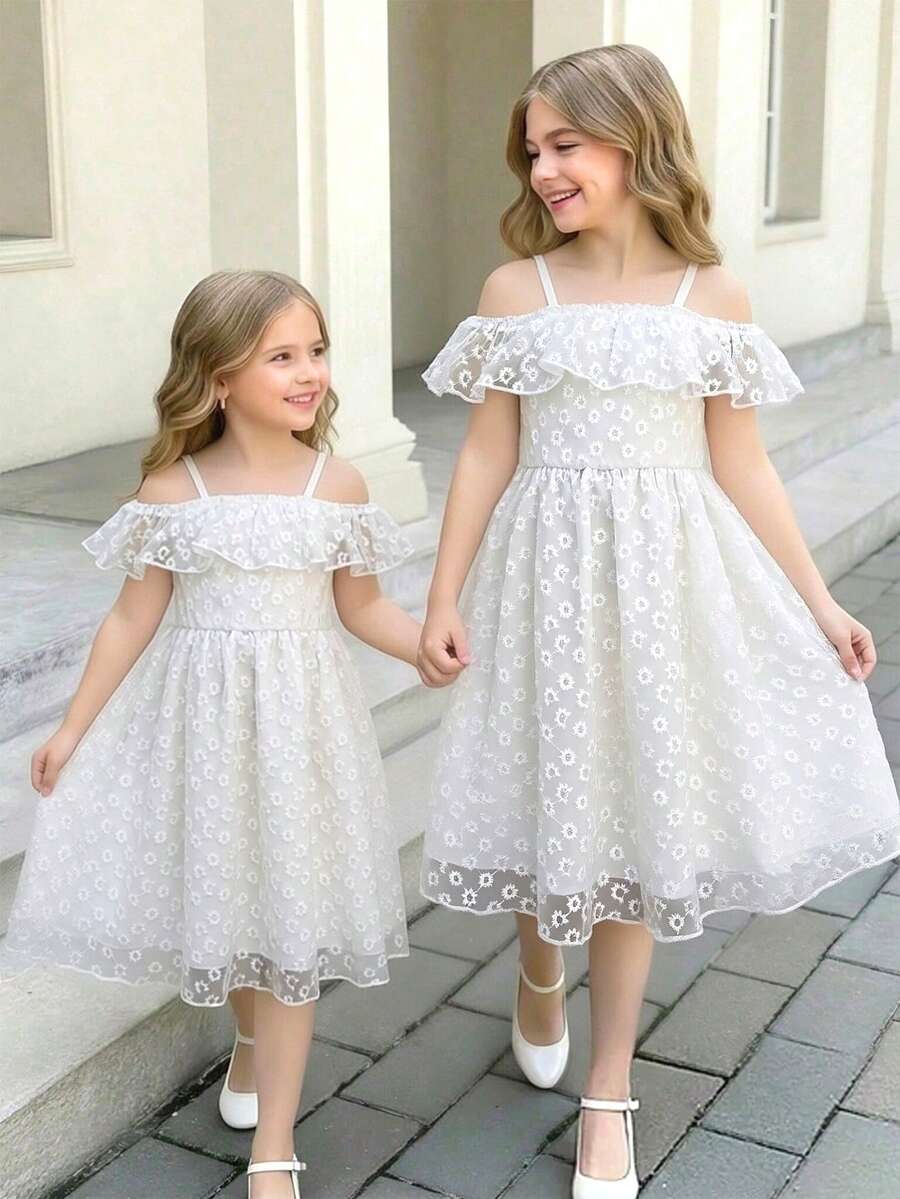 Elladie kids 少女甜美花卉刺绣网纱吊带露肩束腰泡泡裙连衣裙,适合派对、活动、演出、旅行和度假。 - 白色 - 查看 1