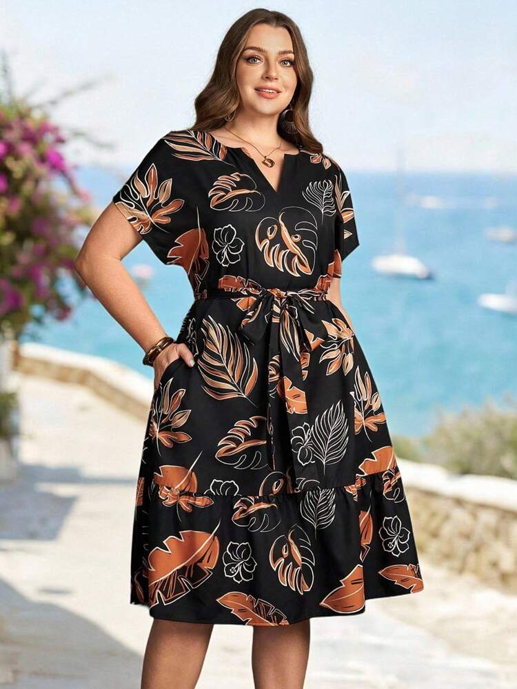 Plus Size Women Tropical Plant Print Short Sleeve Casual Dress Summer Outfits Beach Vacation Outfits For Women Floral Dress BOHO Clothes Leaf Print Dress Women's Summer Dresses V Neck Dress Belted Dress Women Casual Dresses Summer Outfits For Women Beach Outfit For Women Casual Vacation Outfits Women Country Concert Outfit Peplum