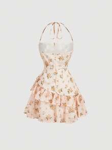 Skyraze Women's Orange Floral Summer Modest Picnic Cutout Chiffon Ruffle Tie Backless Layered Pleated Bust Mini Skirt Cottagecore Tea Party Dress, - Yellow - View 5