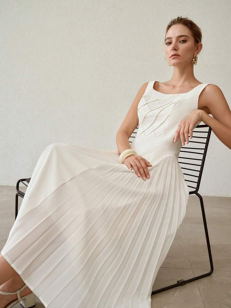 MINIMALIST ELEGANT PLEATED HEM SPLICE SOFT SLEEVELESS WAIST CINCHED DRESS