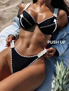 Swim SXY Conjunto sexy de bikini con flecos para vacaciones en la playa de mujer, sin relleno pero con aro de soporte - Negro - Ver 1