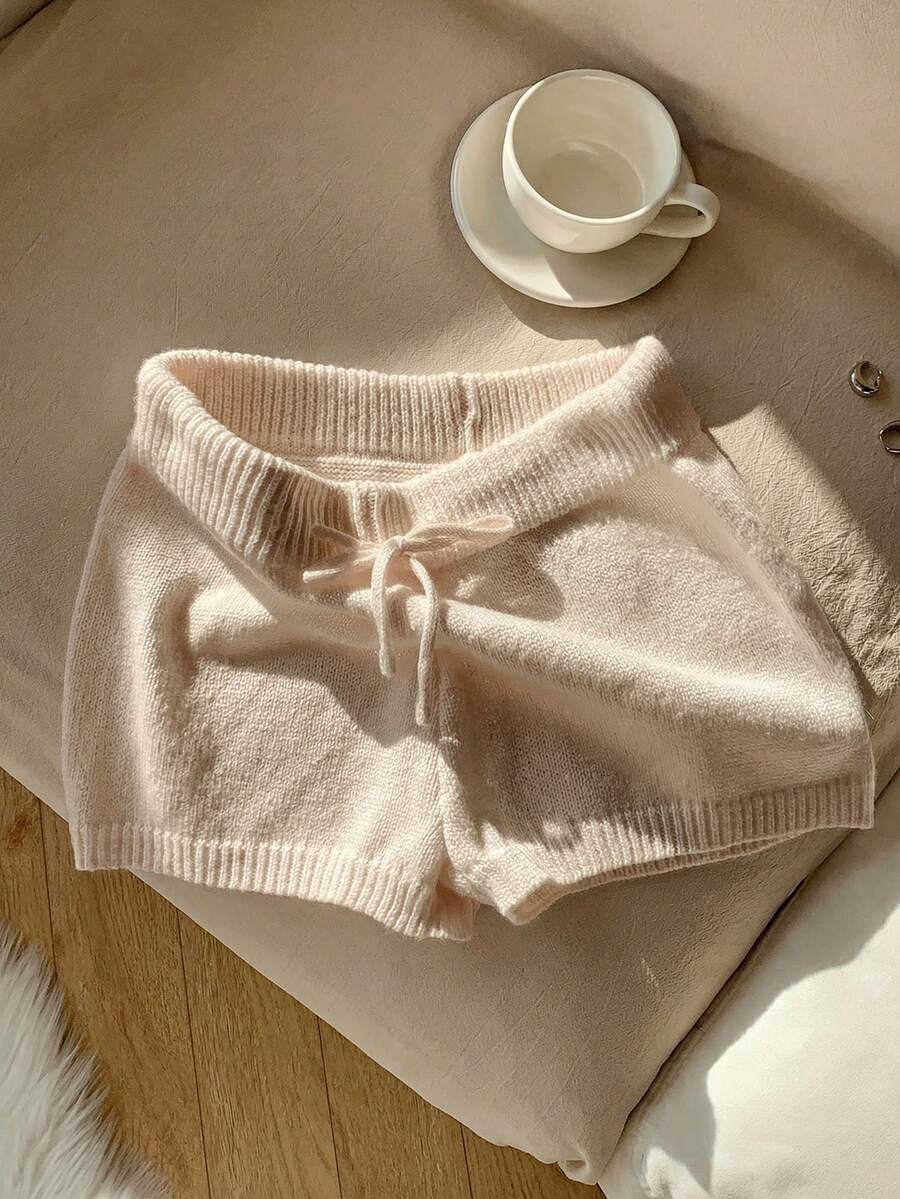 Comfortcana Solid Color High Waist Drawstring Casual Sweater And Shorts Set In Fall/Winter - Apricot - View 1