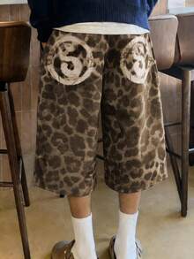 Manfinity Dauomo 男士豹纹铆钉抽绳腰带休闲百搭日常短裤 - 彩色 - 查看 2