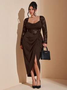 SHEIN BAE Đầm midi dài tay cổ chữ V xẻ sâu bằng satin phối ren hoa xếp nếp dành cho nữ cỡ lớn, màu đen, thanh lịch, cổ điển, thích hợp cho các buổi tiệc, cocktail, Giáng sinh và Ngày Valentine. - màu nâu - Xem 3