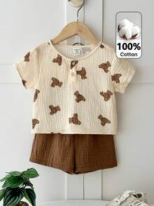 LMoss Kids Bộ 2 món cho bé trai gồm áo thun ngắn tay và quần short kaki lưng thun in hình gấu hoạt hình dễ thương, thích hợp cho mùa hè. - Nhiều màu - Xem 3