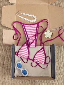 Swim Mod Conjunto de bikini de mujer con estampado de rayas de triángulo micro y cuello halter - Rosa Fucsia - Ver 3