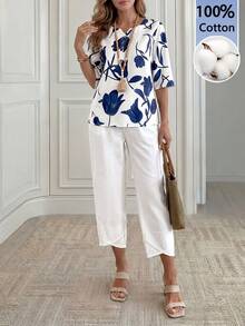 Miaspire Set Áo Sơ Mi Và Quần Bảy Phần Tư Cho Nữ - trắng - Xem 1