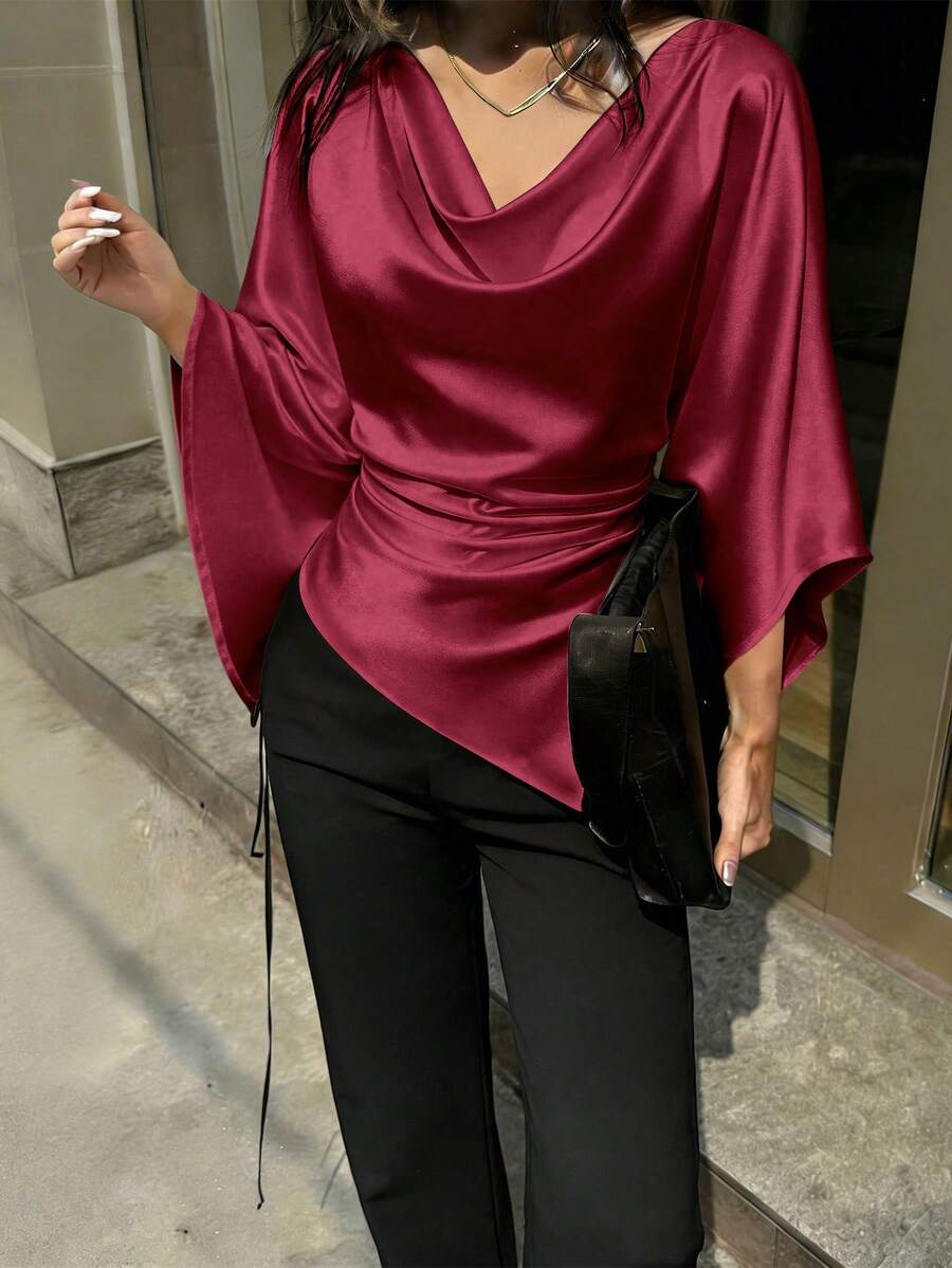 Rafferiza Women's Elegant Casual Loose Collar Blouse - Burgundy - View 1
