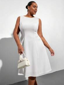SHEIN Clasi Plus Size Elegant White Summer Curve Cocktail Party Dress,Sleeveless Solid Color Midi Fit And Flare Evening Dresses For Weddings,Prom Graduation Dress - White - View 4
