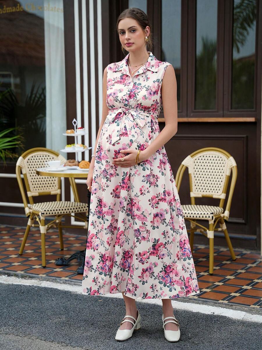 Momance Maternity Casual Floral Print Sleeveless Belted Dress - Multicolor - View 1