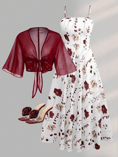 Franclia 大码女式时尚夏季碎花雪纺连衣裙和夹克优雅两件套