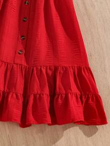 Genkimix Kids Young Girl Solid Color Round Neck Sleeveless Ruffle Front Button Summer Dress 7th Birthday - Red - View 6