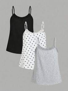 SHEIN EZwear 3件套女士褶皱宽松吊带背心，可调节肩带，适合春夏穿着 - 彩色 - 查看 2