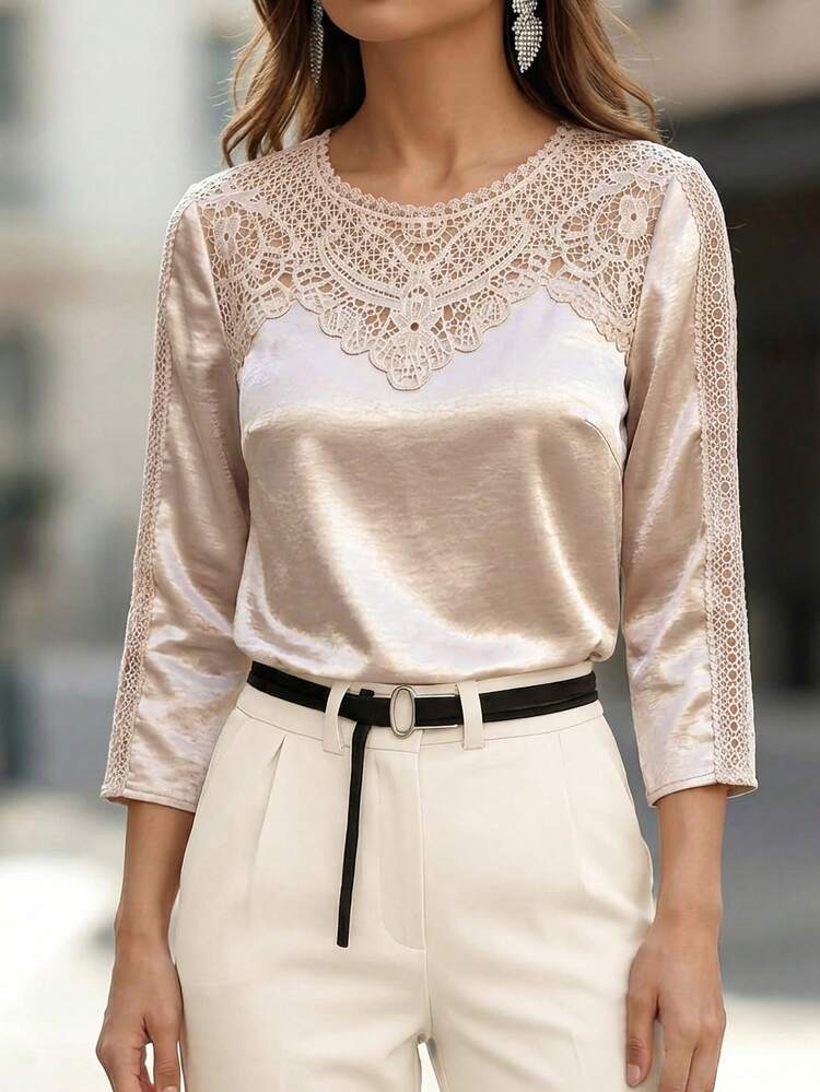 Women's Contrast Lace Round Neck Long Sleeve Elegant Blouse,Summer Outfit For Women,Festival Outfits For Women,Elegant Tops For Women,Women's Social Blouse,Work Outfits For Women