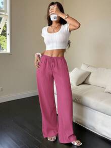 SHEIN Unity Women's Solid Color Casual Straight Loose Fit Everyday Pants Wide Leg Summer Pants Vacation Pants Woman - Watermelon Pink - View 3