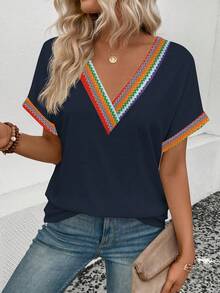 EMERY ROSE Women's Spring/Summer New Contrast Color Retro Printed V-Neck Short Sleeve Cuffed Casual Versatile T-Shirt - Multicolor - View 6