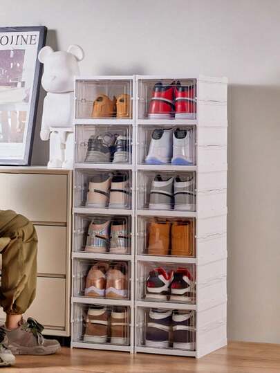 1PC Stackable Shoe Box Set Integrated Shoe Storage Box Foldable Plastic Transparent Shoe Wall Sneaker Rack Shoe Cabinet Organizer PP Shoe Box For Entryway Living Room Balcony