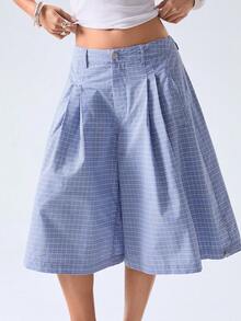 LYSMO 2026 New Arrive Minimalism Spring/Summer Women's Plaid High Waist Pleated Wide Leg Shorts - Blue - View 3