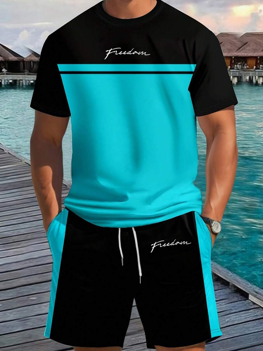 Manfinity Homme 男士夏季休闲两件套运动服，黑蓝撞色设计，“Freedom”字母印花短袖T恤+抽绳短裤，欧美街头风，假日派对装扮，复古Y2K时尚 - 彩色 - 查看 1