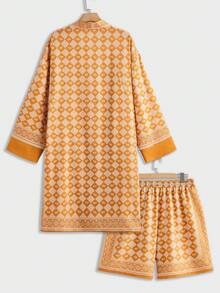 Manfinity Homme Plus Size Men's Geometric Print Shirt And Shorts Set, Casual Holiday Outfit - Yellow - View 2