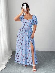 Elenzga Vestido plus size feminino com mangas pétala, costas abertas, fenda e modelagem evasê. - Azul - Ver 1