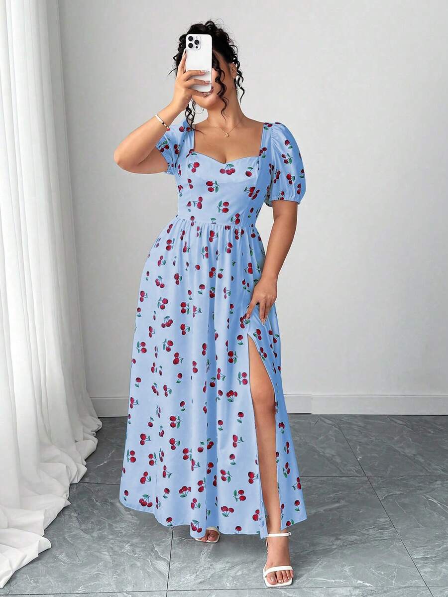 Elenzga Vestido plus size feminino com mangas pétala, costas abertas, fenda e modelagem evasê. - Azul - Ver 1