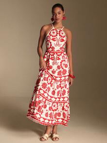 Swim Oasis Đầm hai dây in hoa đỏ kiểu Pháp cổ điển mùa xuân/hè 2026, cạp cao, dáng chữ A xòe, thích hợp cho đi làm, tụ họp bạn bè hoặc đi nghỉ mát. - Nhiều màu - Xem 3