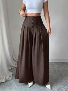SHEIN Elenzya Women's Fashionable Loose Pleated Wide Leg Pants - Coffee Brown - View 3