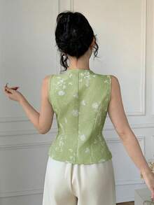 Celisse New Fashionable Elegant Fitted Sleeveless V-Neck Embroidery Design Women Blouse - Green - View 2