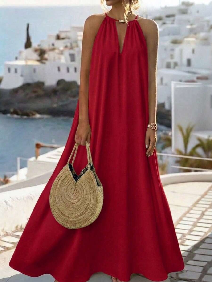 Halter Neck Long Swing Ladies Summer Solid Color Elegant Dress Burgundy Maxi Vacation Beach Outfits Women - Burgundy - View 1