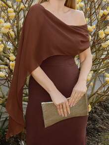 Elenary Edit 棕色优雅露肩直筒修身连衣裙，适合生日、派对、聚会活动、秋冬分层连衣裙、万圣节、圣诞节、优雅连衣裙 - 棕色 - 查看 6