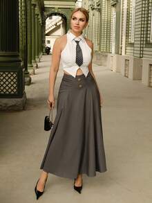 Elenary Edit 女士优雅通勤风 A 字裙，垂坠设计显瘦效果，适合春秋季 - 深灰色 - 查看 1