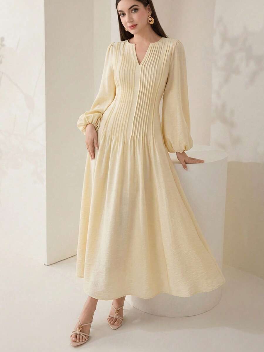 Veilorie Women's Solid Color V-Neck Lantern Sleeve Pleated Design Arabic Style Dress - Yellow - View 1