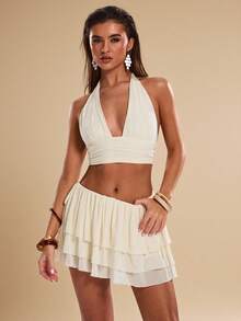 SHEIN BAE Damen Lässig Urlaubs Geraffter Neckholder Top kombiniert mit Mini Cake Mini Rock (mit Shorts Futter), geeignet für Strandurlaub, Ausflug mit Schwester, romantisches Date, gelbes 2-teiliges Set, Urlaubs 2-teiliges Set, Musikfestival, Y2K, praktisches 2-teiliges Set - Hellgelb - Übersicht 8