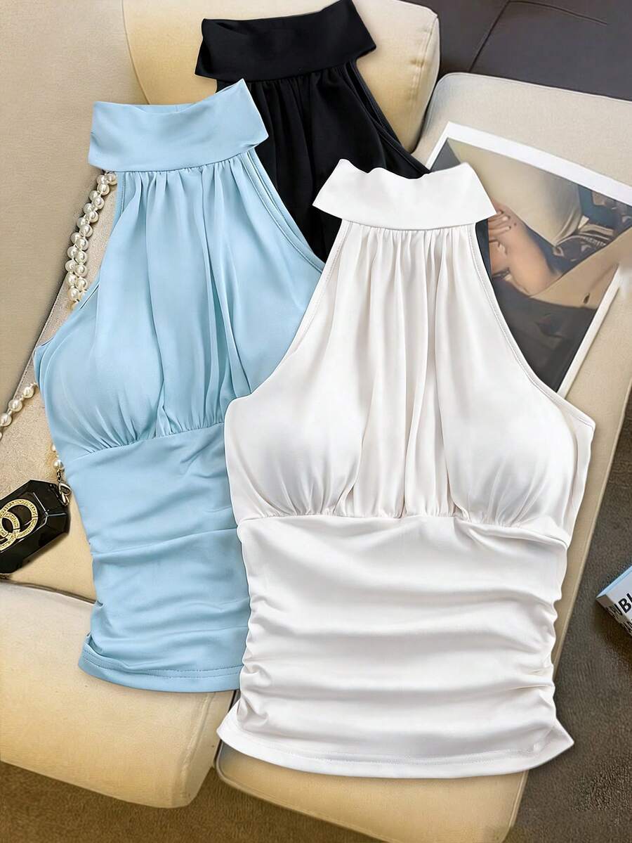 Franclia Women's Fashionable Elegant Sleeveless Built-In Bra Camisole, Versatile Halter Neck Tank Top, Multi-Piece Set, Summer - Multicolor - View 1