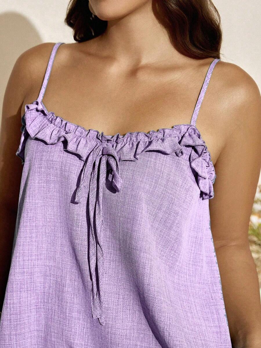 SHEIN LUNE Plus Size Women Solid Color Frill Trim Front Tie Camisole - Purple - View 1