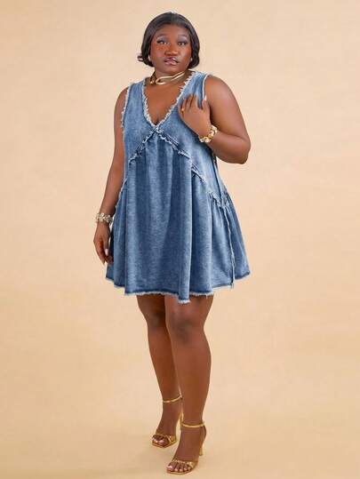 CurvyTilda Plus Size Solid Color Minimalist Sleeveless Denim Dress Vacation Dress  Casual Dresses For Women  Casual Dress Valentine's Day Dress Summer Dress