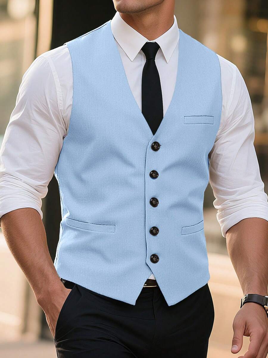 Manfinity Mode Áo vest không tay nam màu trơn tối giản phong cách thường ngày - Màu xanh nhạt - Xem 1