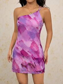 SHEIN PETITE Brush Blur Print Draped Backless Sexy Dress Perfect For Vacation - Purple - View 6