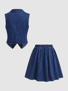 Firerie Kids Tween Girl Lapel NeckDouble-Breasted Denim Vest And Denim Mini Skirt Casual Set - Dark Wash - View 2