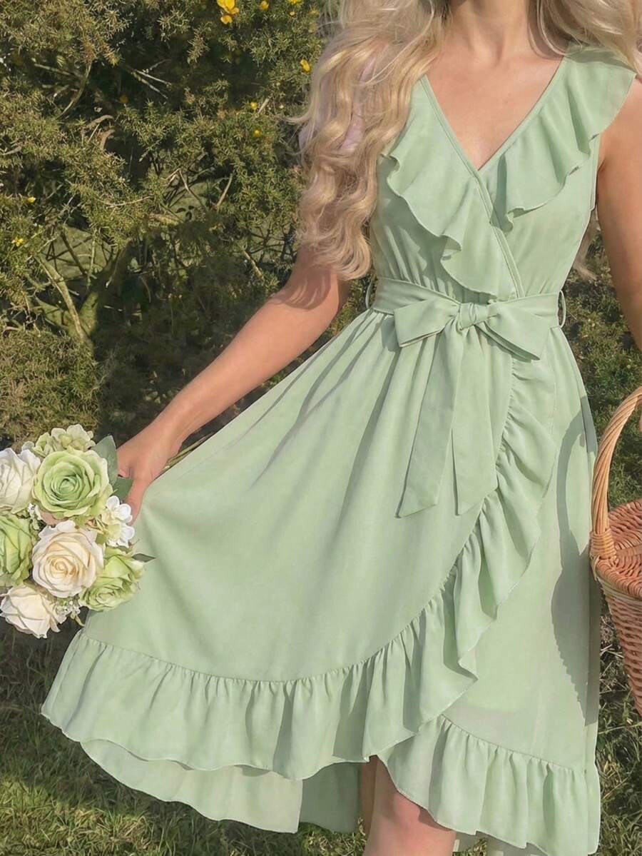 少女款無袖純色裙子,邊緣飾有褶邊和裝飾緞帶 - 橄欖綠 - 查看 1